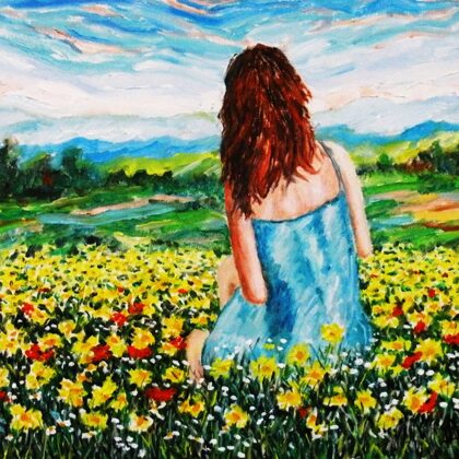 SEDUTA TRA LE MARGHERITE - Olio su tela 50 x 40