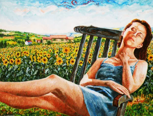 SIESTA TRA I GIRASOLI - Olio su tela 80 x 60