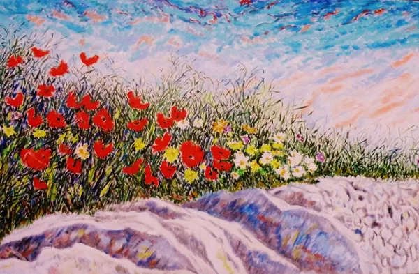 FIORITURA TRA LE PIETRE - Olio su tela 120 x 70