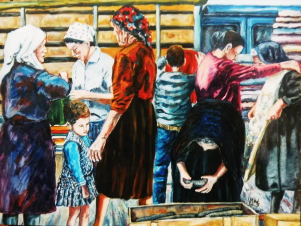 MERCATO DEL GIOVEDI' - Olio e sabbia su tela 80 x 70