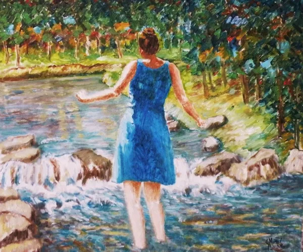 A PIEDI NUDI NELL'ACQUA - Olio su tela 70 x 60