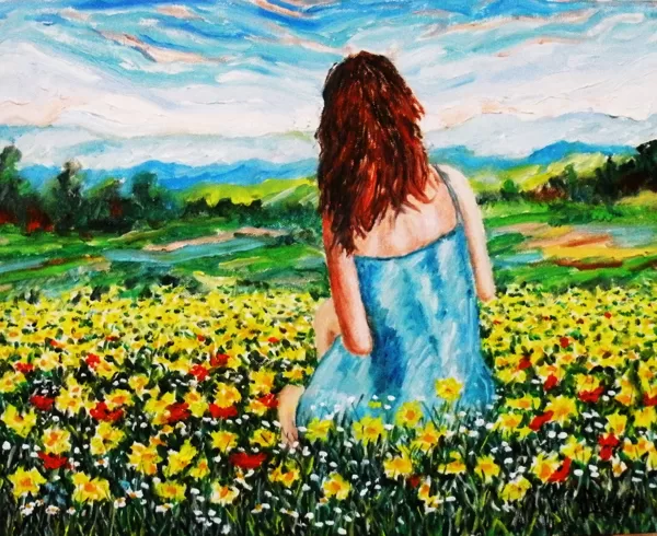 SEDUTA TRA LE MARGHERITE - Olio su tela 50 x 40